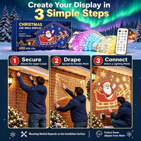 3M × 3M Christmas LED Net Lights – 400 RGB Outdoor Mesh Lights with 6 Modes, Timer & Remote Control - Turn Your House Into a Festive Light Show
