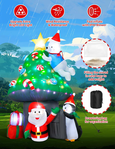 7 FT Inflatable Mushroom Christmas Tree with Rotating LED Lights – Outdoor Holiday Decoration