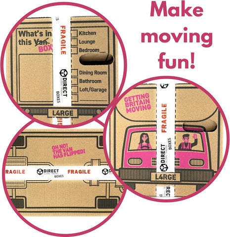 25 Strong Large Cardboard Storage Packing Moving House Boxes with Fragile Tape 52cm x 30cm x 30cm 47 Litres Carry Handles and Room List