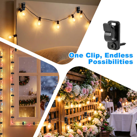 Peaflew 60 Pcs Outdoor String Light Clips with Screws – Black Nylon & PC Cable Hooks with Safety Buckles for Garden, Fence, Patio & Christmas Decorations