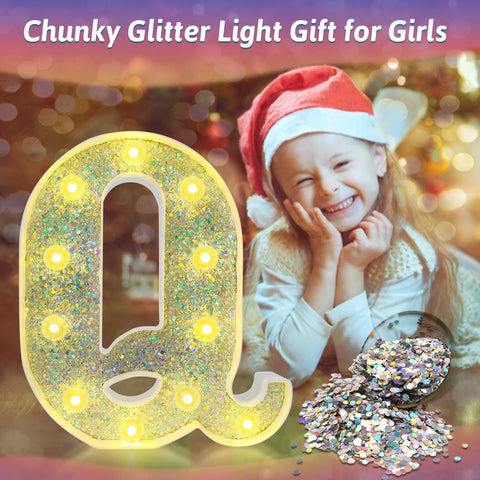 Q Style Color Changing LED Letter Light, Glitter Marquee Lamp with 18 Colors, Remote Controlled, Battery Powered Decorative Letter Light for Party, Wedding, Birthday and Home Decor