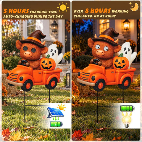 Halloween Highland Cow Solar Yard Stake Light with Moving Eyes, Waterproof Halloween Metal Yard Stake Decorations, Cute Spooky Cow Ghost Pumpkin Truck Garden Decor for Lawn Patio Pathway