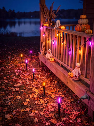 Outdoor Pathway Lights - 19.5 Ft Purple & Orange String Lights with 10 C9 LED Bulbs and Stakes, Connectable, Waterproof, Perfect for Halloween, Yard, Lawn, Garden