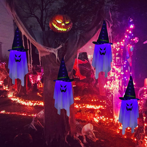 Jsdoin Halloween Hanging Ghost Lights – Battery Powered LED Grim Reaper Skull & Wizard Hat Decorations, Waterproof Spooky Garden Lights for Trees, Doors, Yards & Halloween Parties