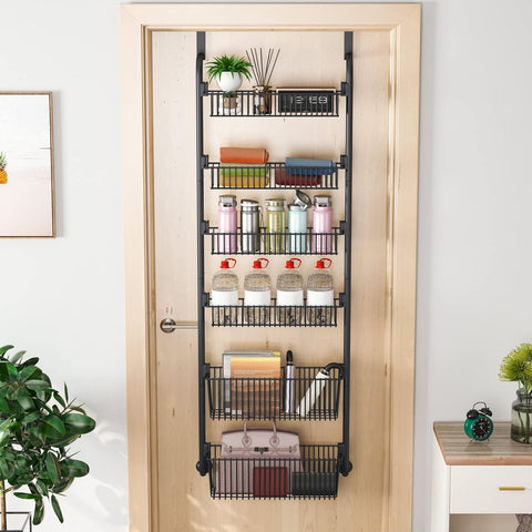 6-Tier Over-the-Door Pantry Organiser, Black Metal Kitchen Storage Rack