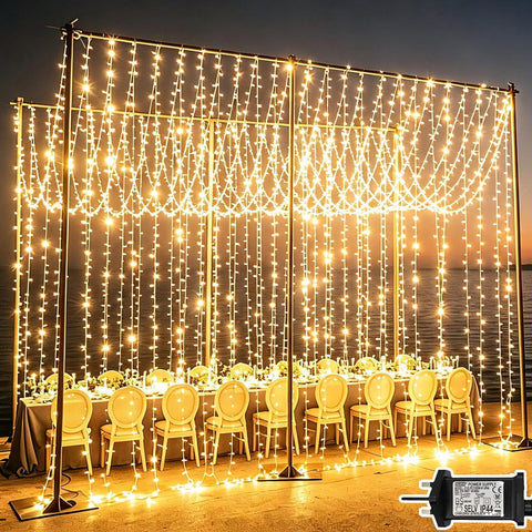 Yowin 600 LED Curtain Lights 6m x 3m Warm White Plug-In Christmas Fairy Lights – Transform Windows, Garden Fences & Party Spaces into a Soft Glow of Festive Magic