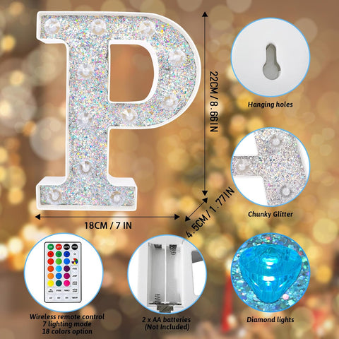 P Style Color Changing LED Letter Light, Glitter Marquee Lamp with 18 Colors, Remote Controlled, Battery Powered Decorative Letter Light for Party, Wedding, Birthday and Home Decor