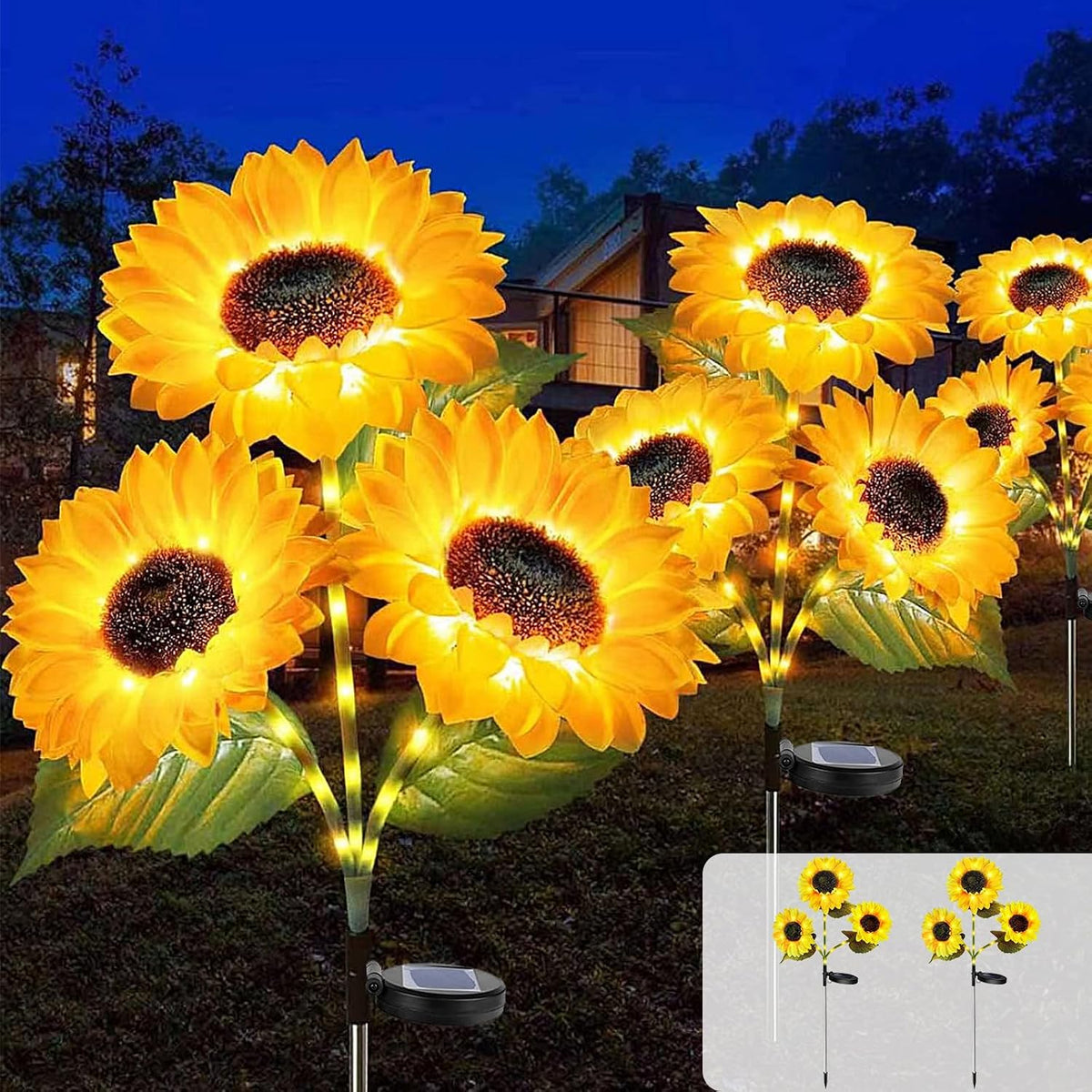 2 Pack Solar Garden Lights Outdoor, Waterproof Sunflower Stake Light with 42 LED & 3 Flowers, Artificial Upgraded FlowerLights for Christmas Garden, Pathway, Patio, Yard Decoration