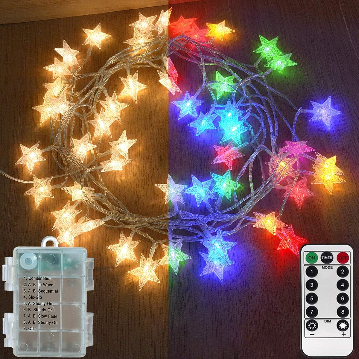 50 LED Star Fairy Lights – Battery Powered Colour Changing, Warm White & Multicoloured String Lights with Remote Control, Timer & IP65 Waterproof Design for Indoor & Outdoor Decorations