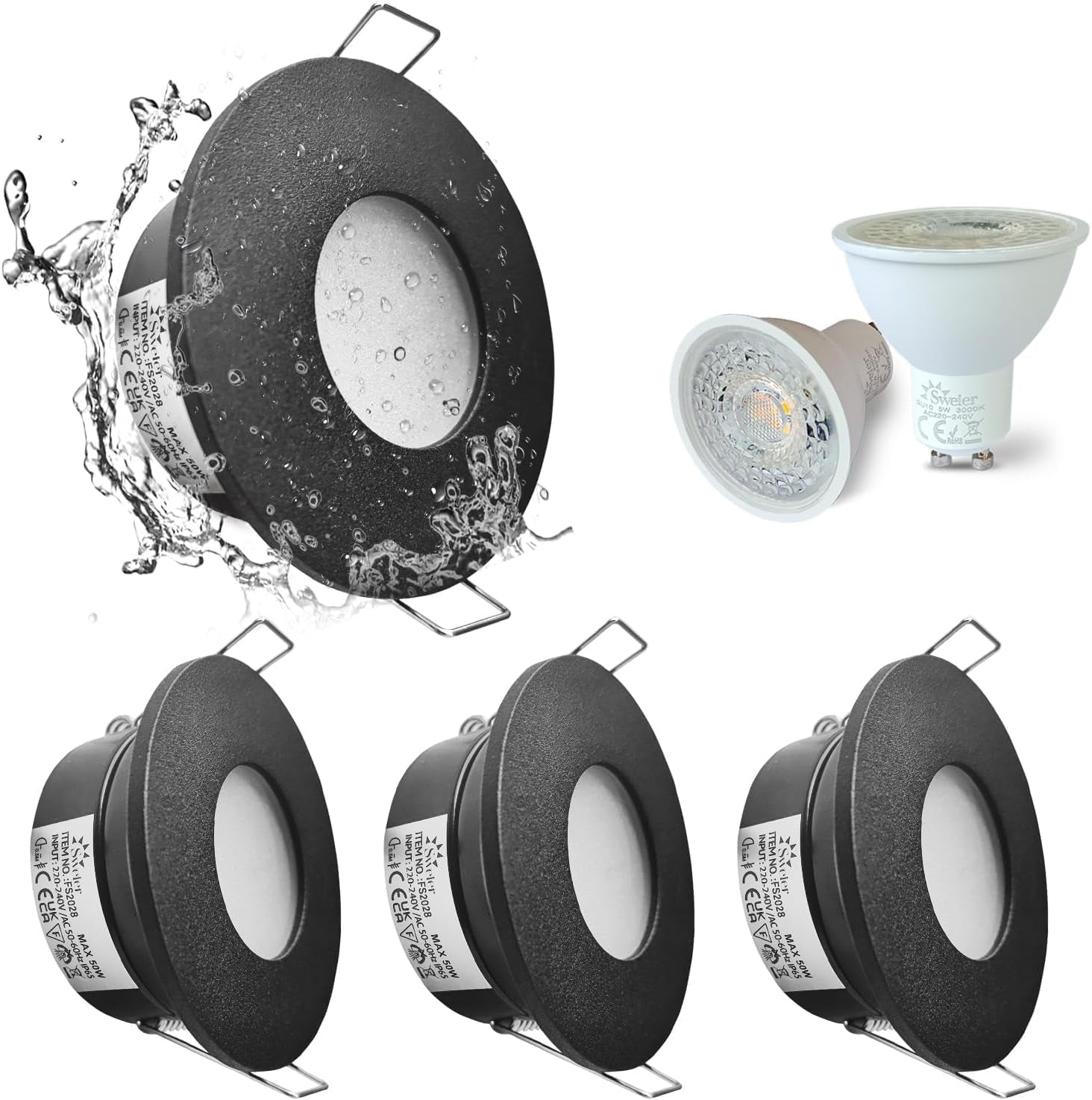 LED Downlights IP65 Waterproof Bathroom Spotlights 68-75Mm Cut Out | 4 Pack 5W GU10 3000K Class II Luminaire, Easy Install Black Recessed Ceiling Lights for Shower, Mains Powered