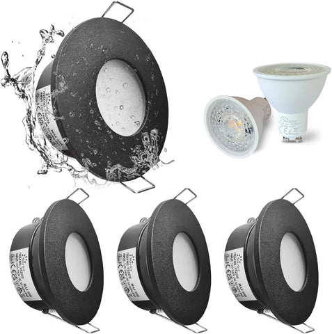 LED Downlights IP65 Waterproof Bathroom Spotlights 68-75Mm Cut Out | 4 Pack 5W GU10 3000K Class II Luminaire, Easy Install Black Recessed Ceiling Lights for Shower, Mains Powered