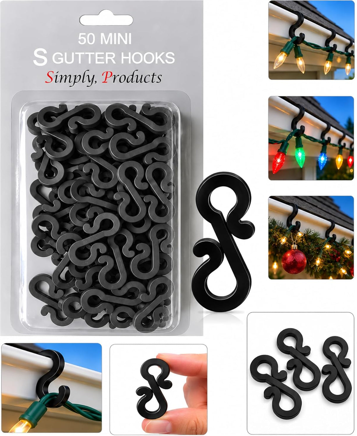 50 Pack Christmas S Mini Gutter Hooks – Black Weatherproof Plastic Clips for Outdoor String Lights & Rope Lights – Make Festive Decorating Easier, One Light at a Time