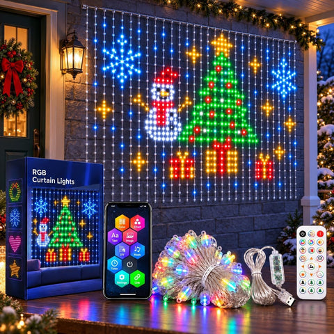 Smart LED Curtain Lights Christmas 1.6×1.6M – 256 RGB LEDs, 6 Dynamic Modes & Remote Control – Turn Plain Walls Into a Colourful Festive Glow