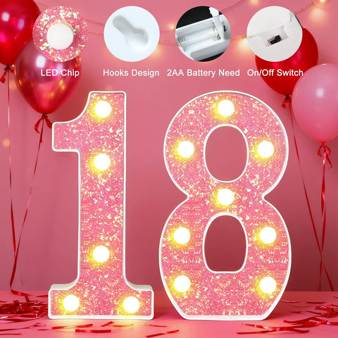 Pink LED Number 18 Marquee Light Decoration
