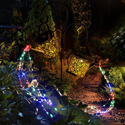 K KERNOWO Solar Watering Can Light, 2 Pack Garden Ornaments Outdoor Decorations Watering Can Solar Lights IP65 Waterproof Metal Pathway Lighting with String Lights & Shepherd Hook