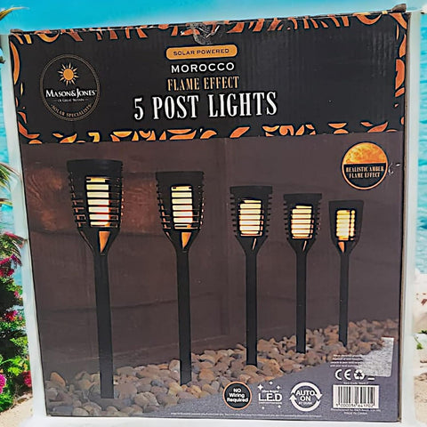 Divas World Solar Powered Morocco Flame Effect LED 5 Post Lights Realistic Amber Flame Ultra Bright for Garden, Patio or Driveways