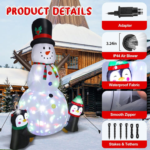 8FT Christmas Inflatable Snowman with Penguins & Rotating LED Lights – Snowman-2