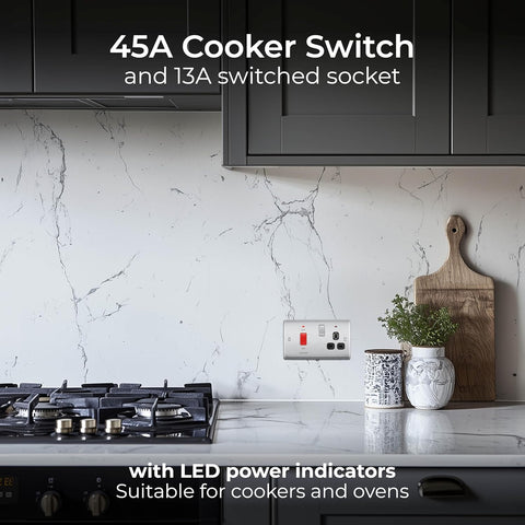 Cooker Switch with Socket and LED 45A Brushed Steel