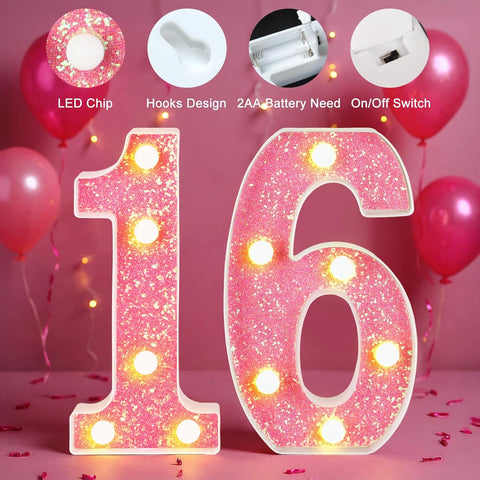 16th Birthday Decorations LED Light Up Numbers, Pink Marquee Number Lights for Girls, Light 16 Sign for Birthday Party Backdrop Anniversary Home Decor
