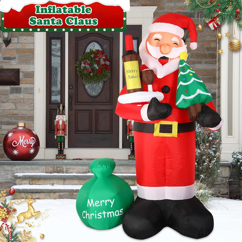 8FT Inflatable Santa Claus Holding Red Wine with Built-in LED Lights, Large Outdoor Christmas Decoration for Garden, Yard & Party Décor – Black & Red