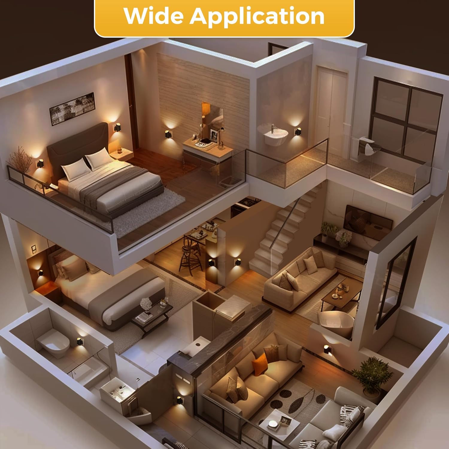 3D rendering of a modern house interior layout with bedrooms, living room, and bathroom.