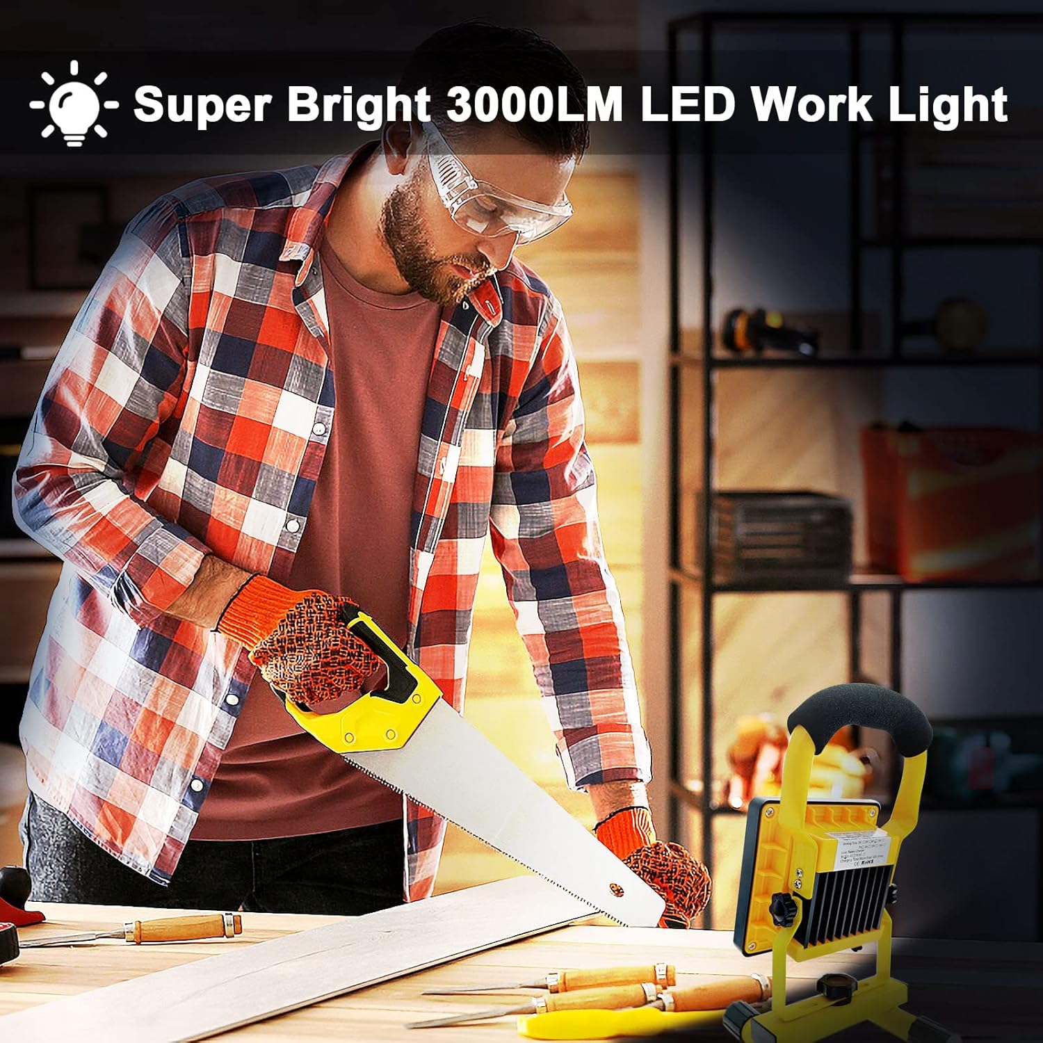 Person using a Super Bright 3000LM LED work light in a workshop setting.