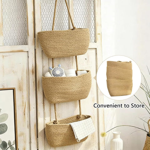 TFLPUO 3-Tier Hanging Storage Baskets, Khaki Cotton Rope Woven Door and Wall Organiser for Bedroom, Bathroom, Kitchen and Nursery