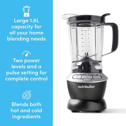 Hot and Cold 1.6L Jug Blender with 1000W Motor – Full Size Nutri Blender for Smoothies, Soups, Ice Crushing & Nut Blending – Includes Vented Lid, Pusher & Dual Speed Control