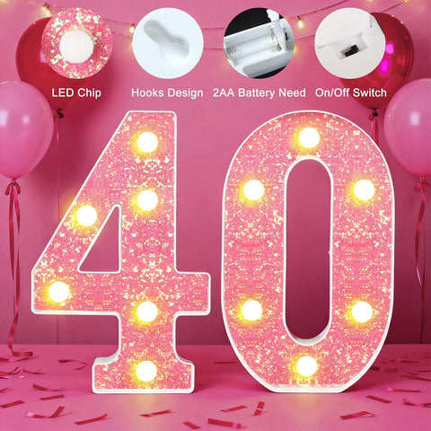 LED Light Up Number 40 – Pink Marquee Party Decoration UK