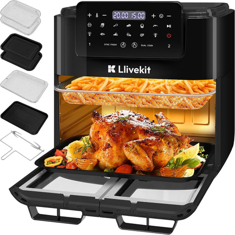 LLIVEKIT 15L Dual Air Fryer Oven – 2600W, 12-in-1, Rotisserie, SYNC Finish & Dual Cook, 8 Accessories, LED Touch Screen