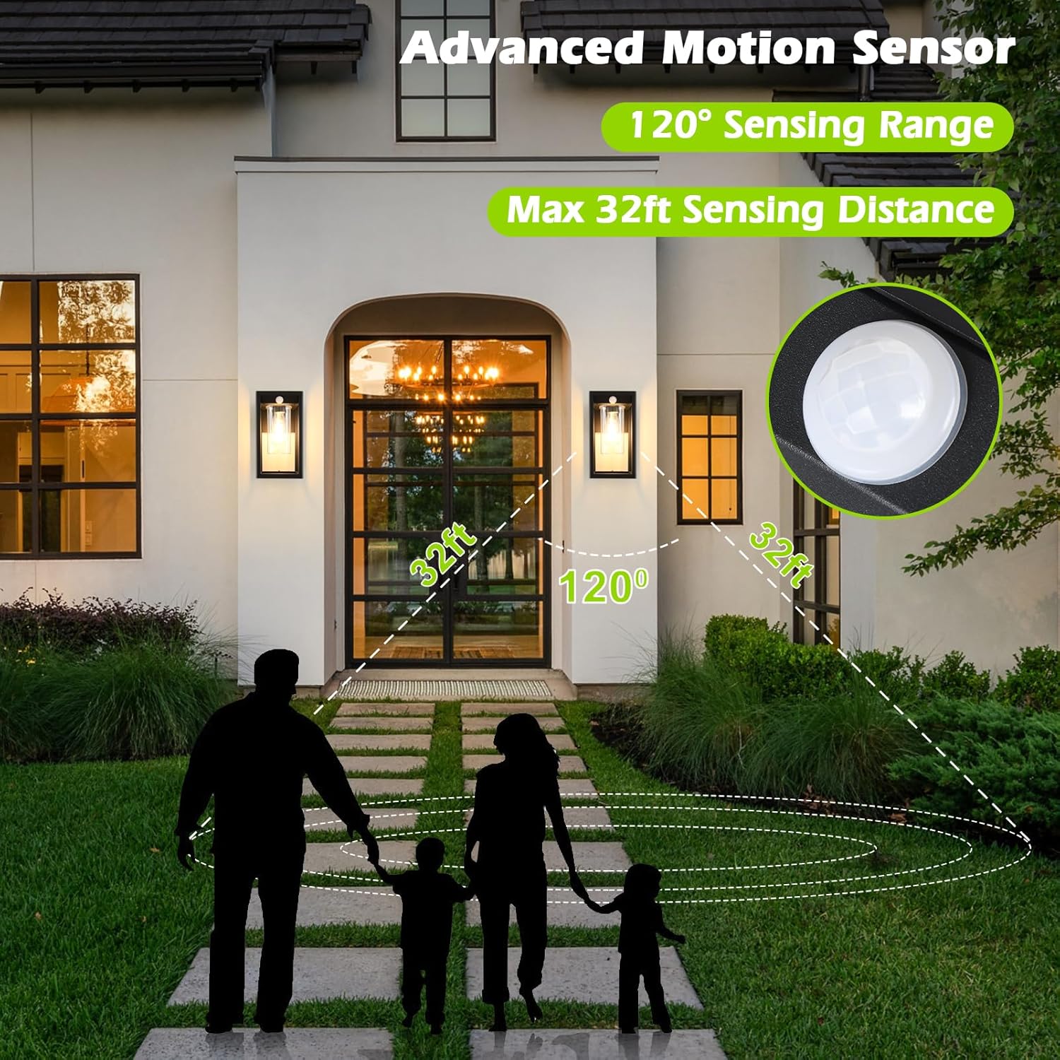 Family walking towards a house with an advanced motion sensor diagram showing sensing range and distance.