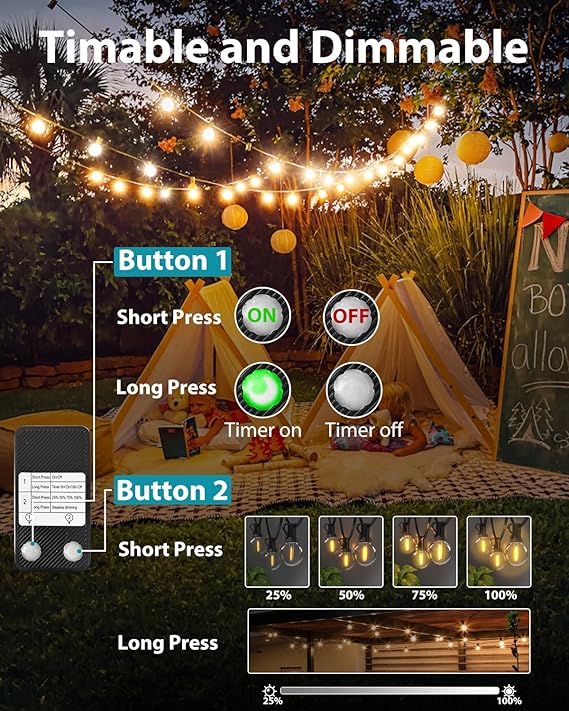 Outdoor Festoon Light Mains Powered with 【Timer & Dimmable】 23M/76FT String Lights, 30+3 LED Bulb with Shatterproof, Waterproof Garden Lights for Outside Pergola Party Gazebo
