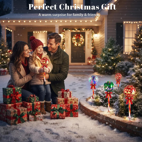 Christmas Pathway Lights Outdoor, 6 pcs Candy Cane Christmas Reindeer Lights with 8 Modes, Outdoor Decorations Light, LED Santa Claus Gift for Yard Path Garden Decor (Red Green - Xmas Ball)