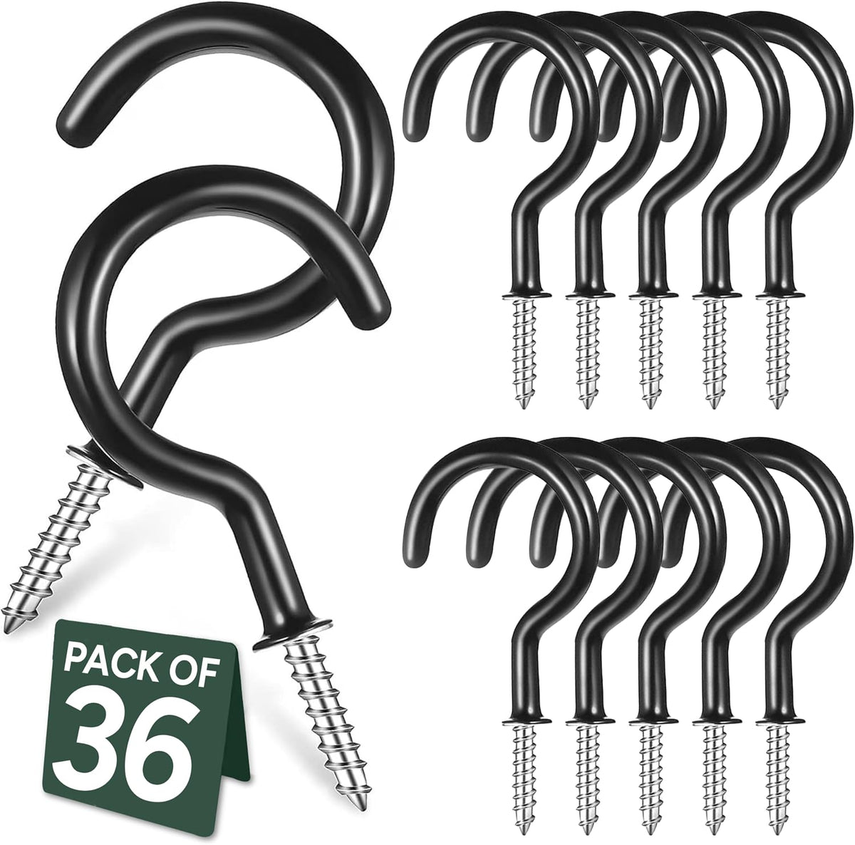 Zuvo 36 Pack Screw in Cup Hooks – Black Vinyl Coated Hooks for Wood, Walls & Ceilings – Make Everyday Hanging Storage Feel Effortless