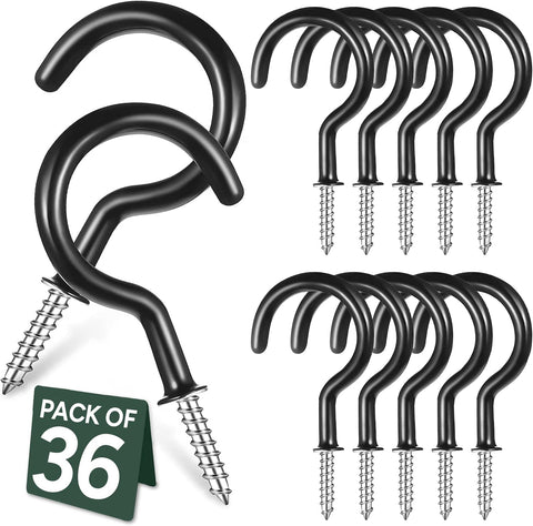 Zuvo 36 Pack Screw in Cup Hooks – Black Vinyl Coated Hooks for Wood, Walls & Ceilings – Make Everyday Hanging Storage Feel Effortless