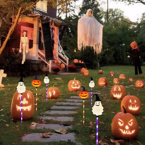 Halloween Solar Lights Outdoor, Halloween Yard Stakes with 6Pcs Ghosts Pumpkin Solar Lights, 8 for Yard, Garden, Decorations