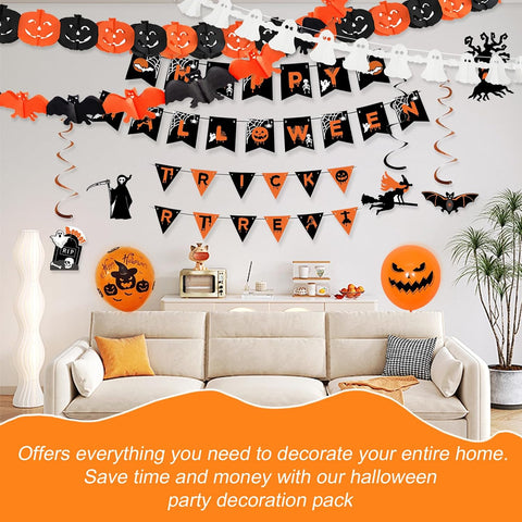 AMLOOPK Halloween Decorations Indoor Set – Happy Halloween Banner, Bunting, Hanging Decorations, Bats, Balloons & Garlands for Halloween Parties, Homes, Schools & Offices