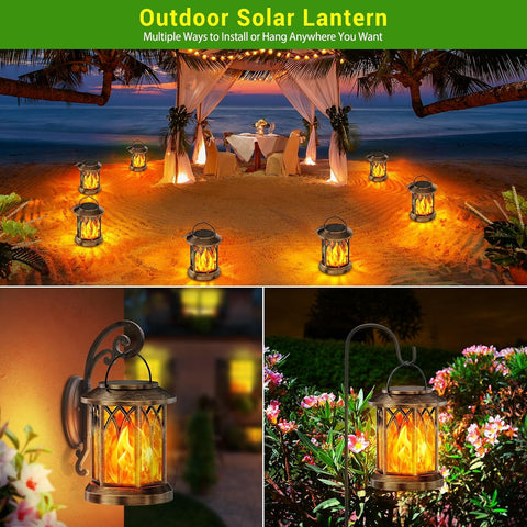 Solar Garden Lanterns Outdoor 2 Pack – Hanging Flickering Flame LED Lights, Waterproof Decorative Pathway Lighting Ornaments