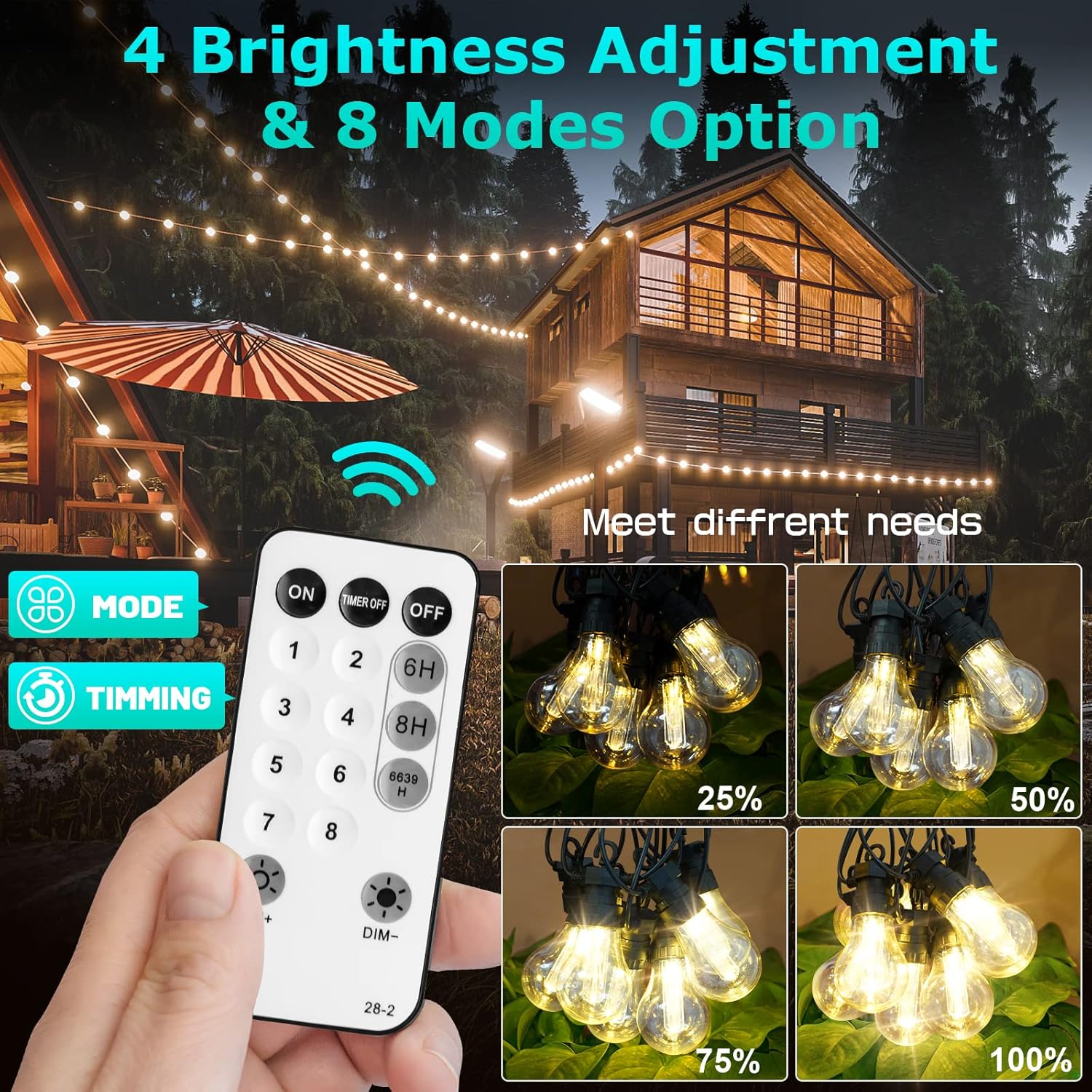 String lights with remote control and brightness adjustment options in front of a house.