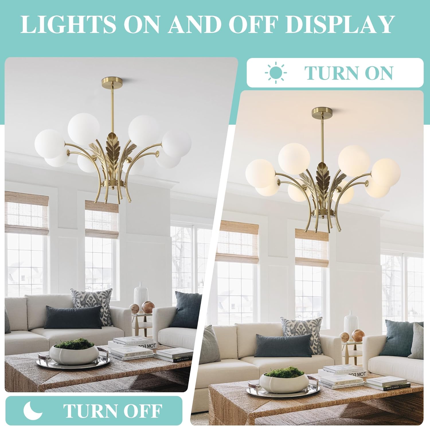 Chandelier in a living room with 'Turn On' and 'Turn Off' labels.