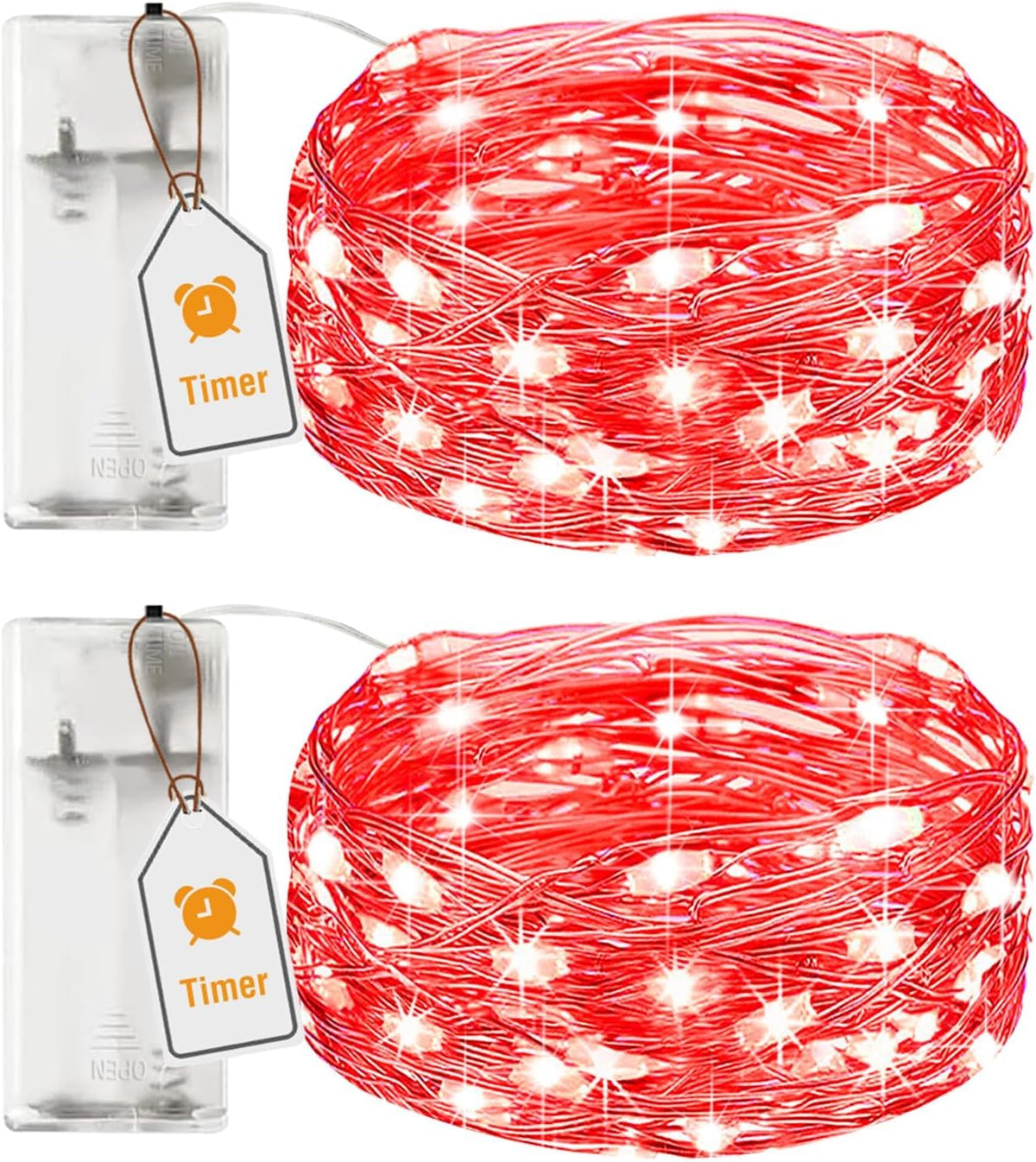 2 Pack Red Fairy Lights Battery Operated with Timer, 2M 20 LED Waterproof Silver Wire String Lights for Indoor Party, Wedding & Valentine’s Day Decor