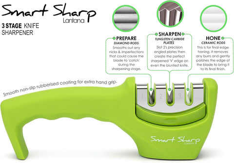 Smart Sharp 3-Stage Professional Knife Sharpener – Manual Kitchen Knife Sharpener with Ceramic Stone, Tungsten Carbide & Diamond Rods – Non-Slip Ergonomic Handle (Green)