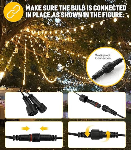 Close-up of G40 shatterproof LED bulbs on festoon string lights

