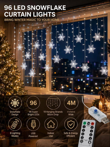 Christmas Snowflake Curtain Lights – 96 Warm White LEDs, 8 Lighting Modes & Remote Control for Windows – Bring a Little Winter Magic to Every Evening