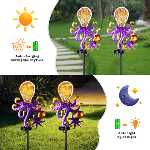 Solar Outdoor Lights, Octopus Decorative Waterproof 7 LED Light Decor, Ocean Beach Theme for Lawn Path Yard Decoration, Gold