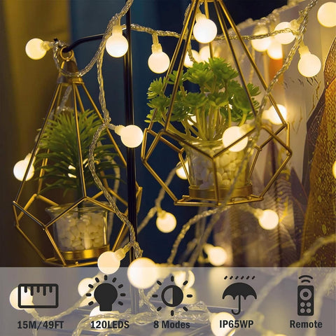 Globe String Lights 120LED Warm White 15M Fairy Lights with Remote