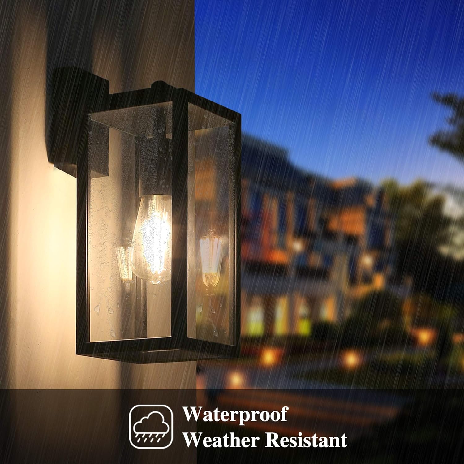 Outdoor wall light fixture with 'Waterproof Weather Resistant' label against a blurred night scene.