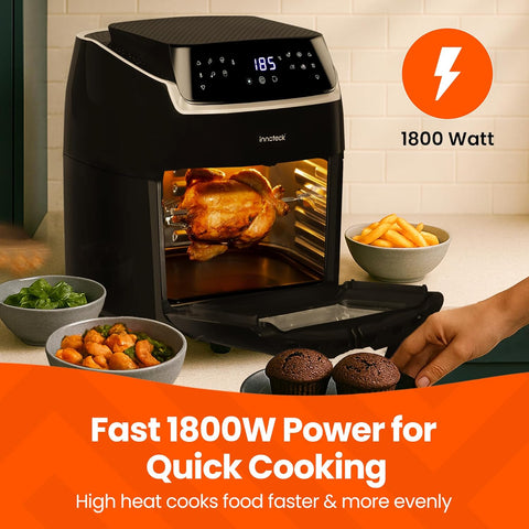 Innoteck 12L Digital Air Fryer Oven – 1800W, Rotisserie, 8 Presets, Touch Panel, Basket & Racks, Black & Silver