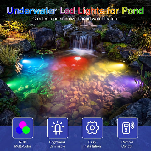 POPOSOAP RGB Underwater Pond Lights 4-in-1 with Timer & Remote – IP68 Waterproof Submersible LED Pond Lights for Gardens, Ponds & Water Features