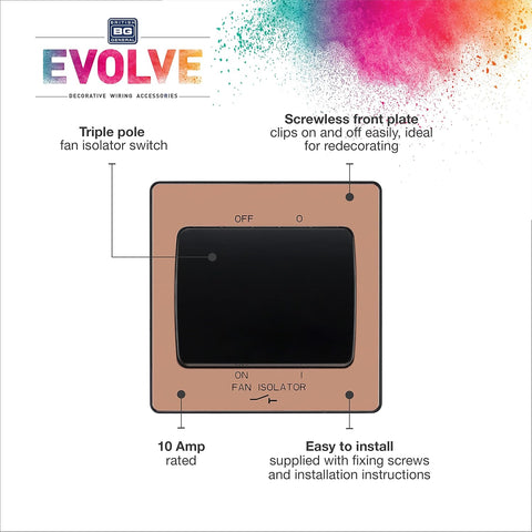 British General Evolve Polished Copper Fan Isolator Switch, 10A, Triple Pole, Rocker